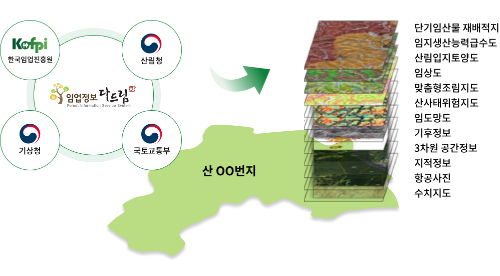 
                                    임업정보 다드림(한국임업진흥원, 산림청, 기상청, 국토교통부) -> 단기임산물 재배적지, 임지생산능력급수도,
                                    산림입지토양도, 임상도, 맞춤형조림지도, 산사태위험지도, 임도망도, 기후정보, 3차원 공간정보, 지적정보, 
                                    항공사진, 수치지도